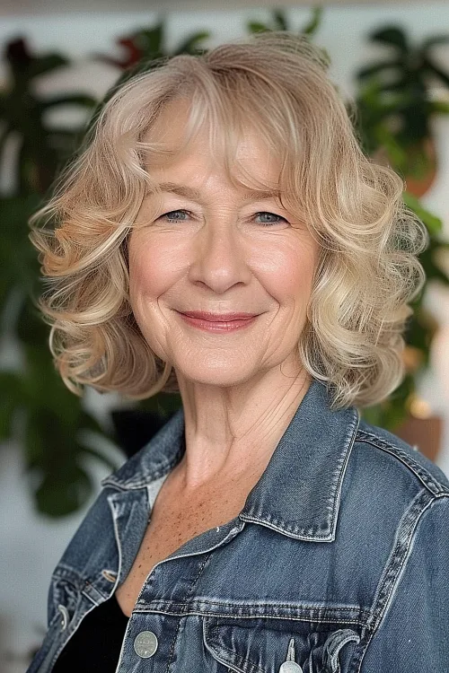 Curly Blonde Bob with Bangs Over 70