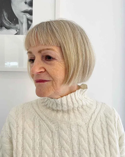 Blonde French Bob with Blunt Bangs Over 70