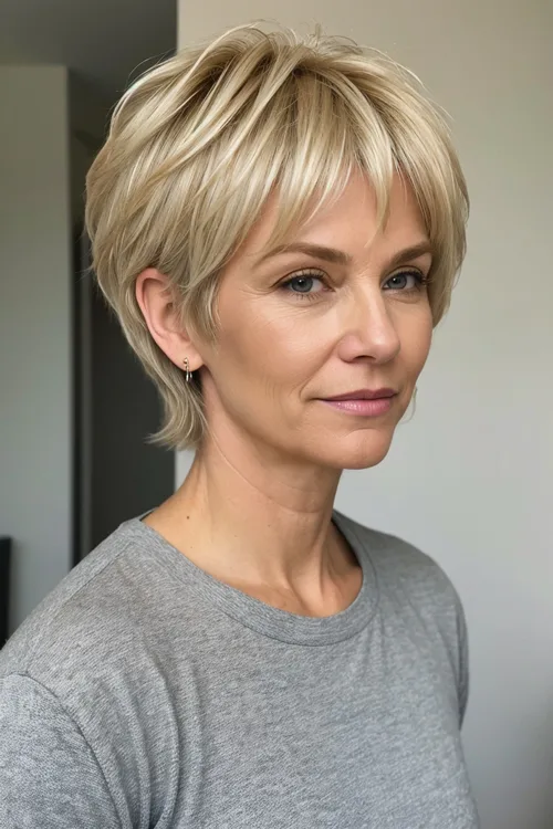 Blonde Pixie Shag with Bangs Over 50