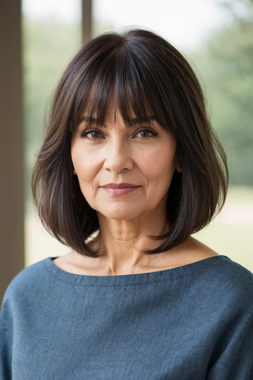 Brunette Lob with Wispy Bangs Over 60