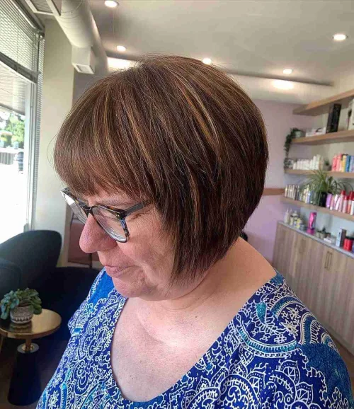 Brunette Stacked Bob with Highlights Over 50