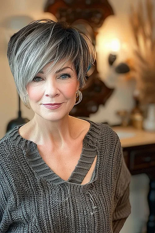 Asymmetrical Pixie with Long Bangs and Frosted Ends Over 60