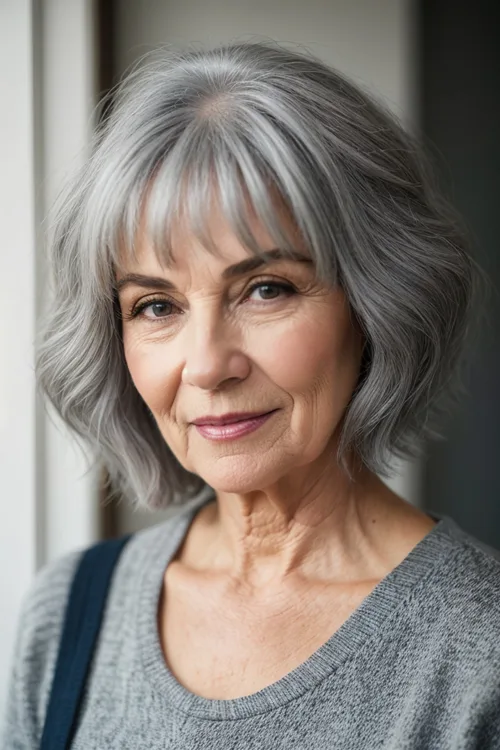 Chin-length Haircut with Soft Waves Over 60