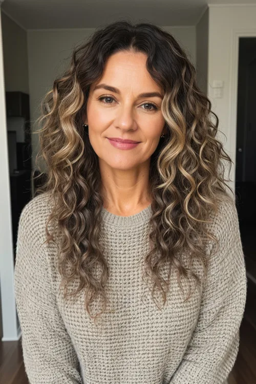 Layered Curly Hair with Balayage Over 40