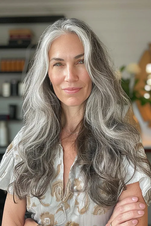 Long Wavy Grey Hair Over 40