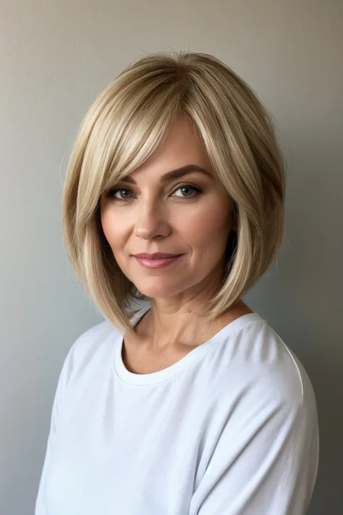 Neck Length Bob Cut with a Side Part and Side Bangs Over 50