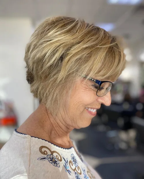 Short Layered Stacked Bob with Highlights Over 70