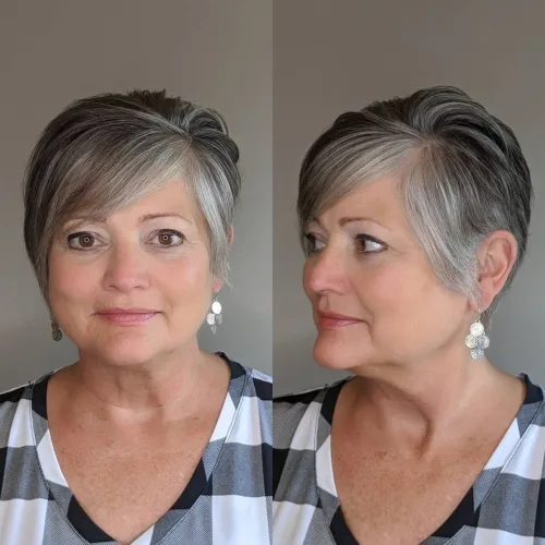 Short Sleek Haircut with Side-Swept Bangs Over 60