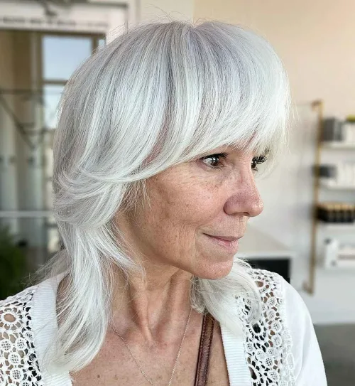 Natural Grey Shoulder Length Shaggy Bob Over 60