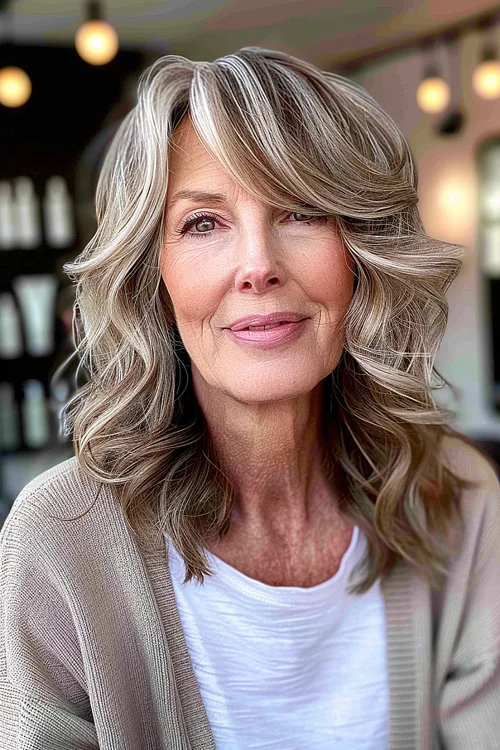 Long Wavy Hair with Highlights and Side Swept Bangs Over 60