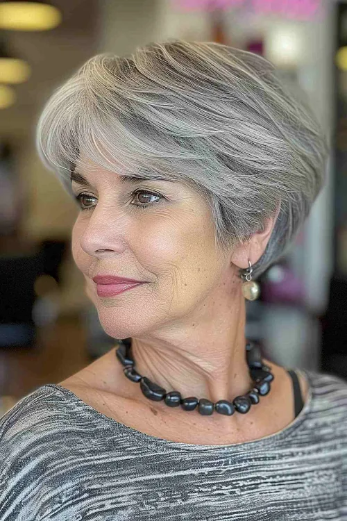 Gray Layered Pixie Bob with Bangs Over 60