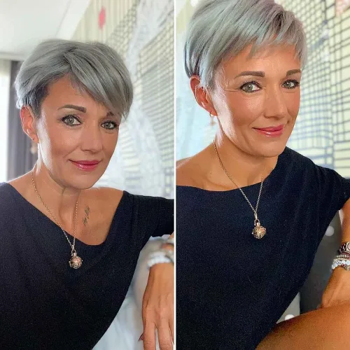 Silver Pixie with Longer Strands and Bangs Over 60