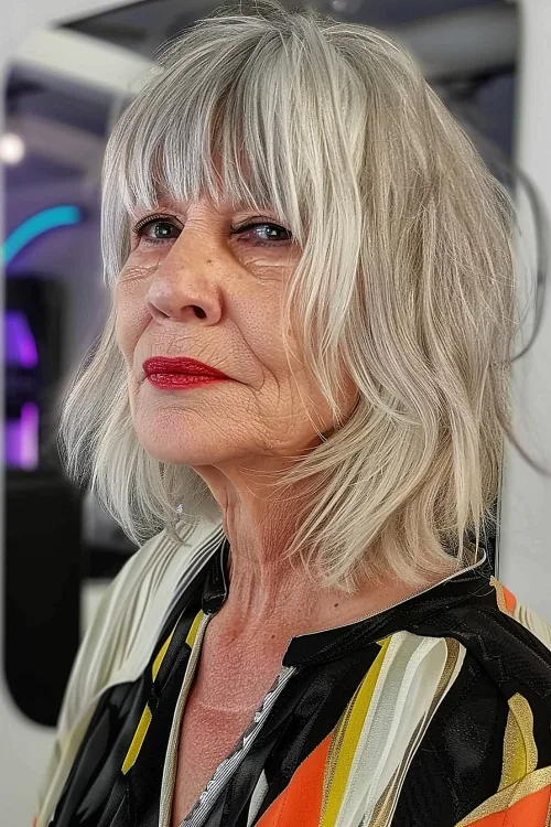 Silver Lob with Razor Cut Bangs Over 70