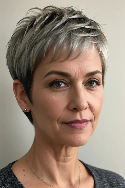 Silver Tousled Pixie with Bangs Over 50