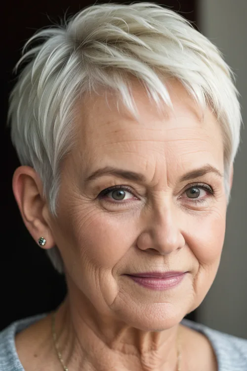 White Tousled Short Pixie and Micro Bangs Over 70