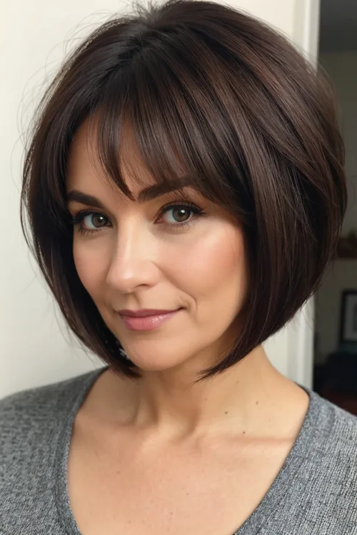 Brunette Rounded A-Line Bob with Flirty Bangs over 40