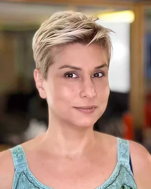 Blonde Pixie with Dark Roots Over 40