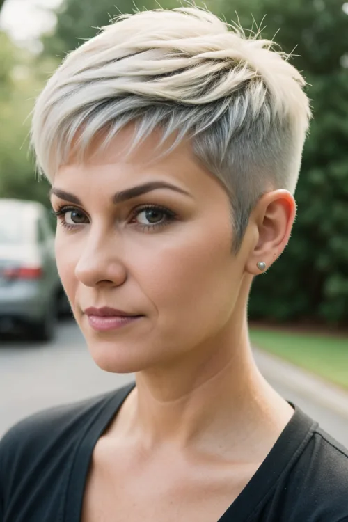 Cropped Platinum Pixie with Tapered Sides and Nape Over 40