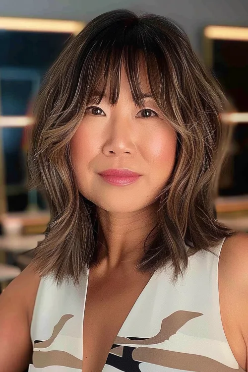 Shoulder Length Highlights with Bangs Over 40