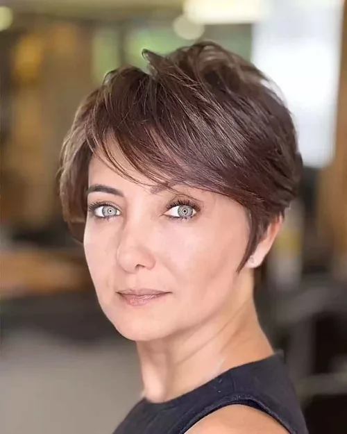 Sweeping Brunette Long Pixie Over 40