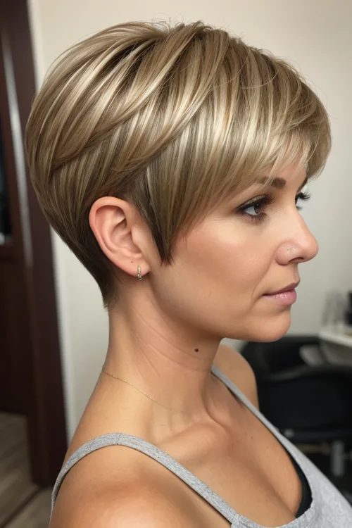 Sweeping Pixie Cut with Blonde Highlight Over 40