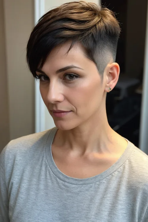 Long Brunette Pixie with Shaved Sides Over 40 