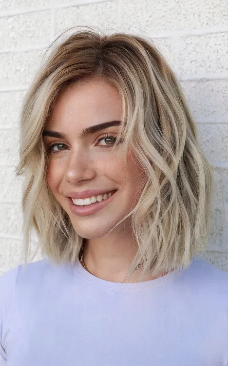 Blonde Wavy Lob with Dark Roots