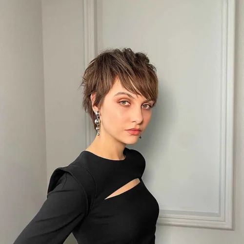 Brown Layered Pixie with Long Bangs