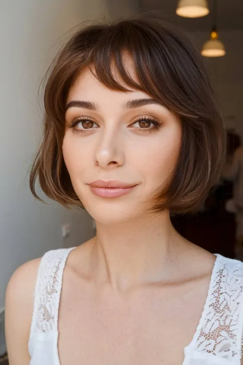 Brunette French Bob with Swept Bangs