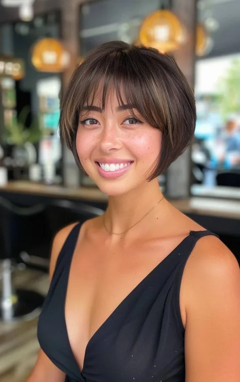 Cute Chin-length Brunette Bob with Bangs