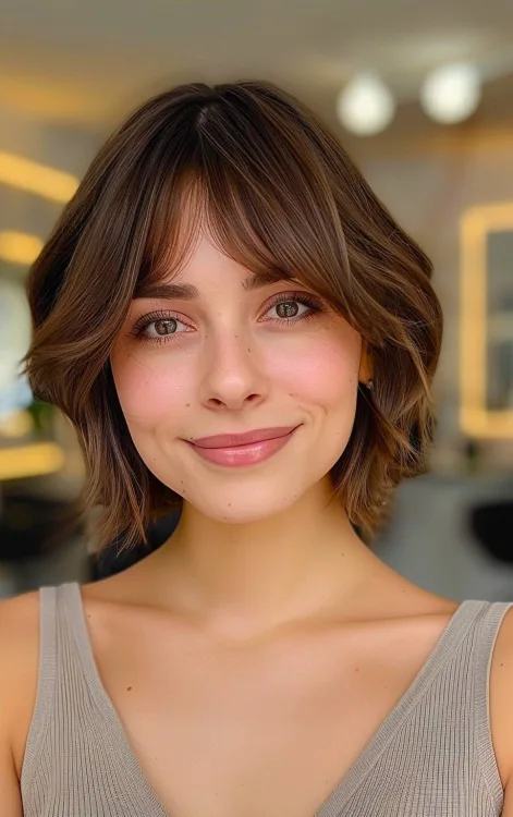 Short Brunette Bob with Curtain Bangs