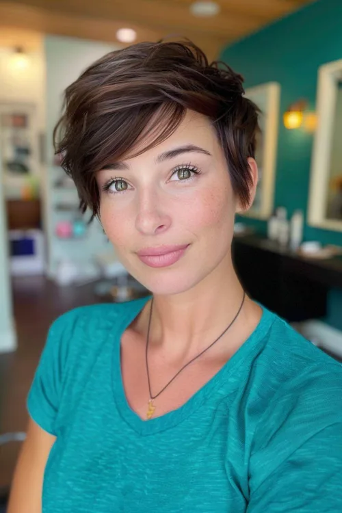 Soft Brown Short Pixie Cut with Long Sides